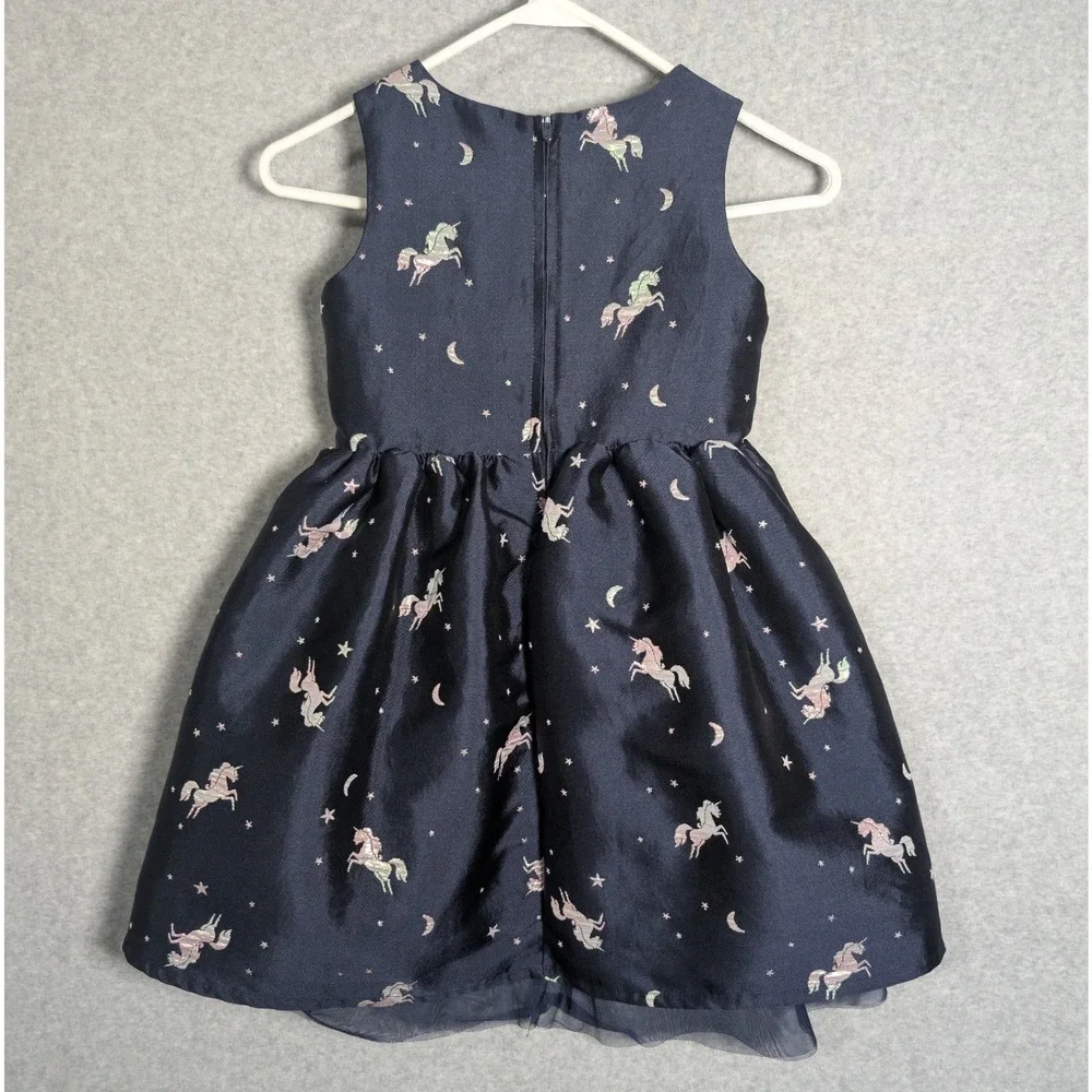 H&M Girls Dress Navy Blue Metallic Unicorn Star Moon Party Size 5-6Y Celestial